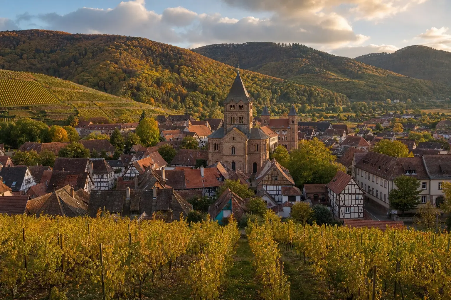 Vue d’Andlau avec ses maisons à colombages et ses vignobles sur la Route des Vins d’Alsace
