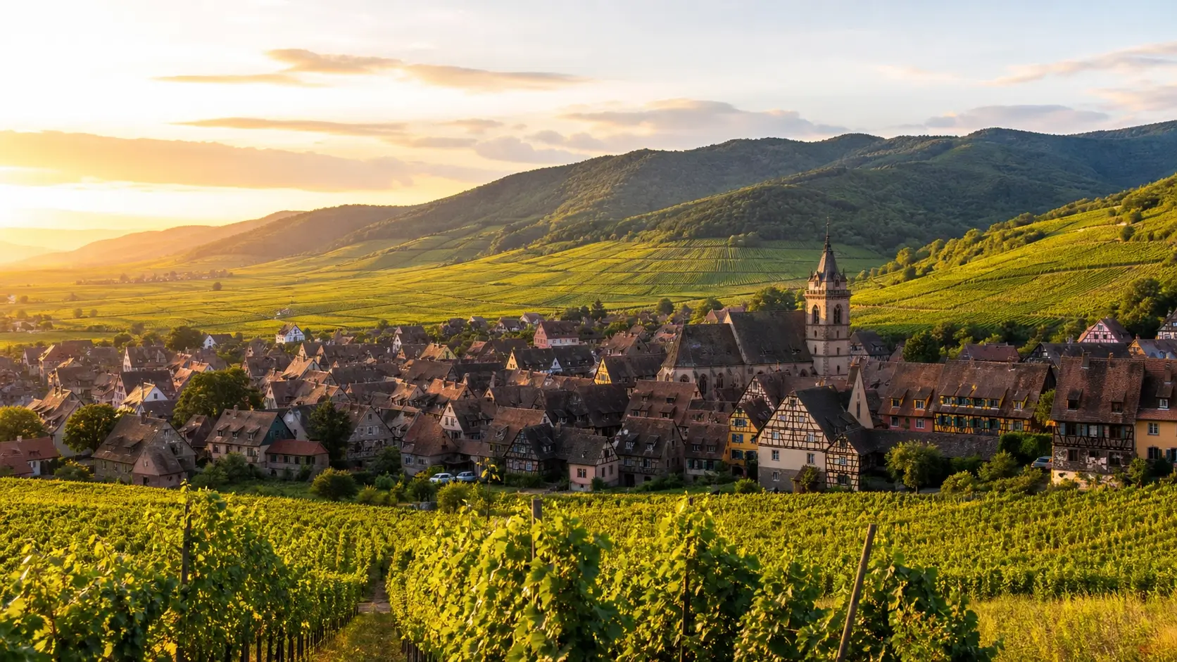 Paysage de la Route des Vins d’Alsace avec vignobles, village à colombages et montagnes des Vosges en arrière-plan