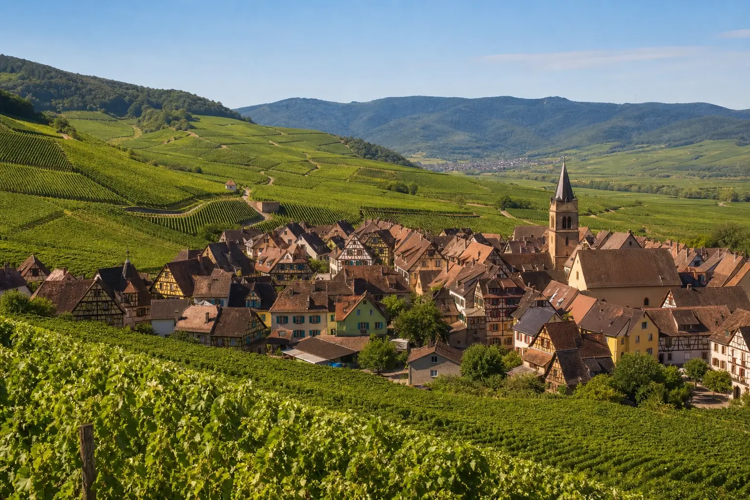 Vue panoramique des vignobles alsaciens avec un village typique à colombages sur la Route des Vins d’Alsace
