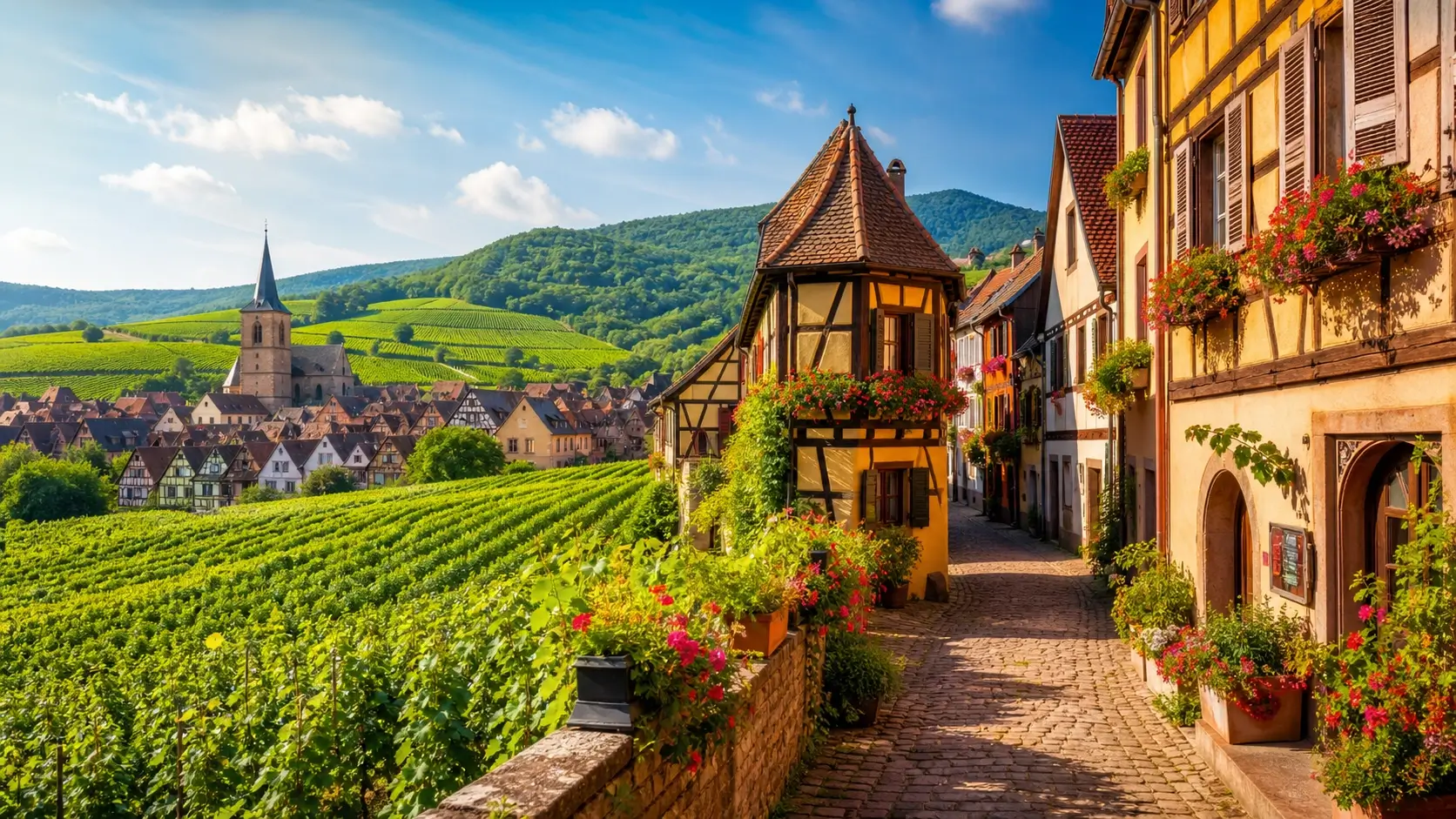 Vue panoramique d’un village typique de la route des vins d’Alsace avec maisons à colombages et vignobles en arrière-plan