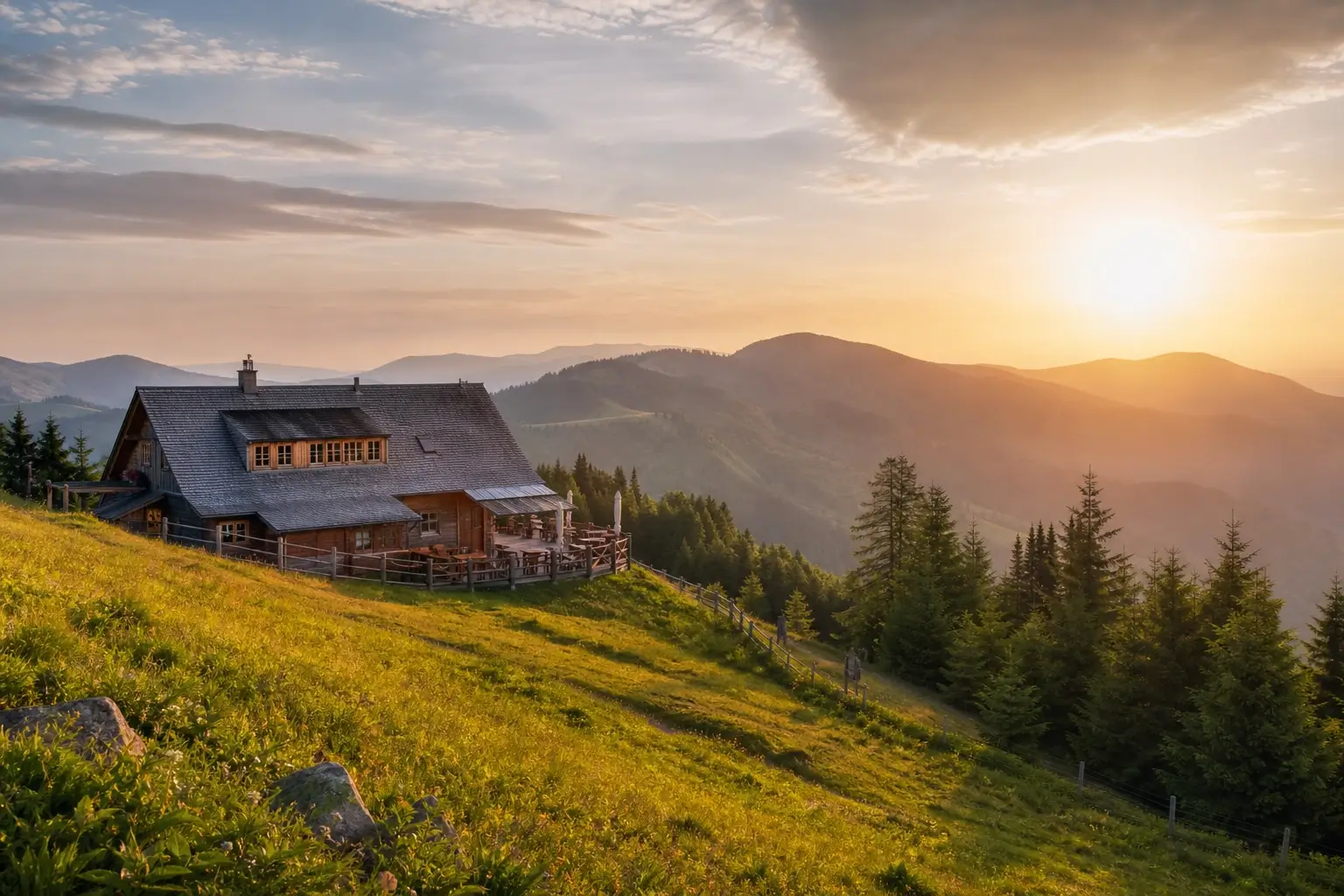 Ferme-auberge dans les Vosges alsaciennes au lever du soleil avec vue sur les montagnes et forêts