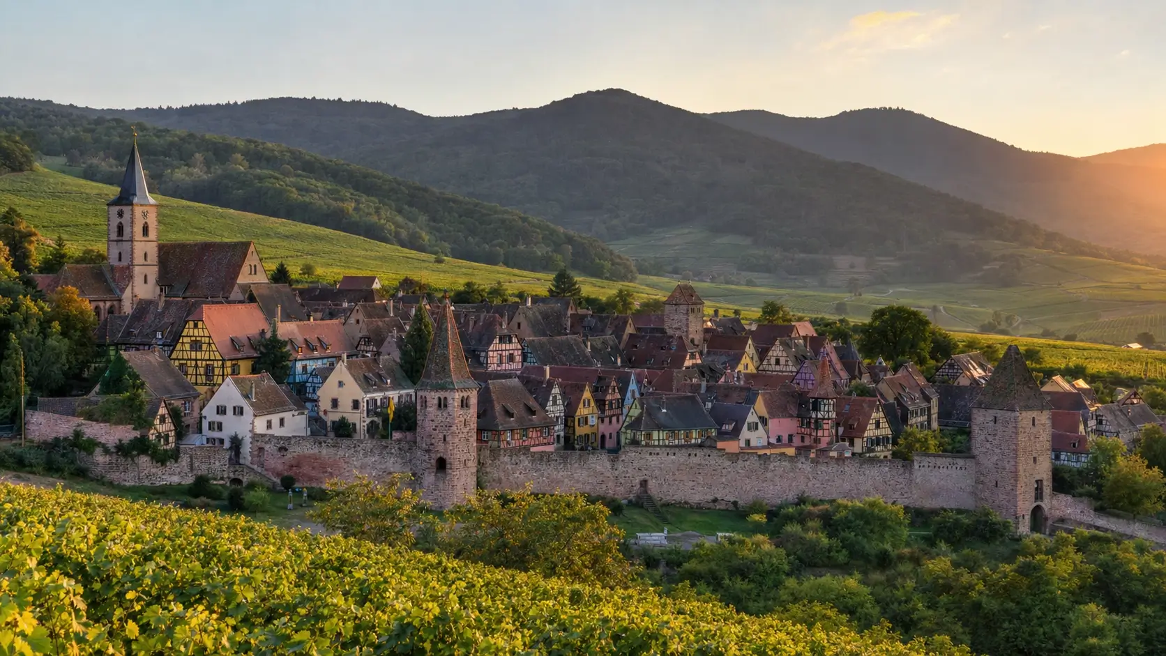 Vue panoramique du village de Dambach-la-Ville entouré de vignes avec ses remparts et maisons à colombages en Alsace