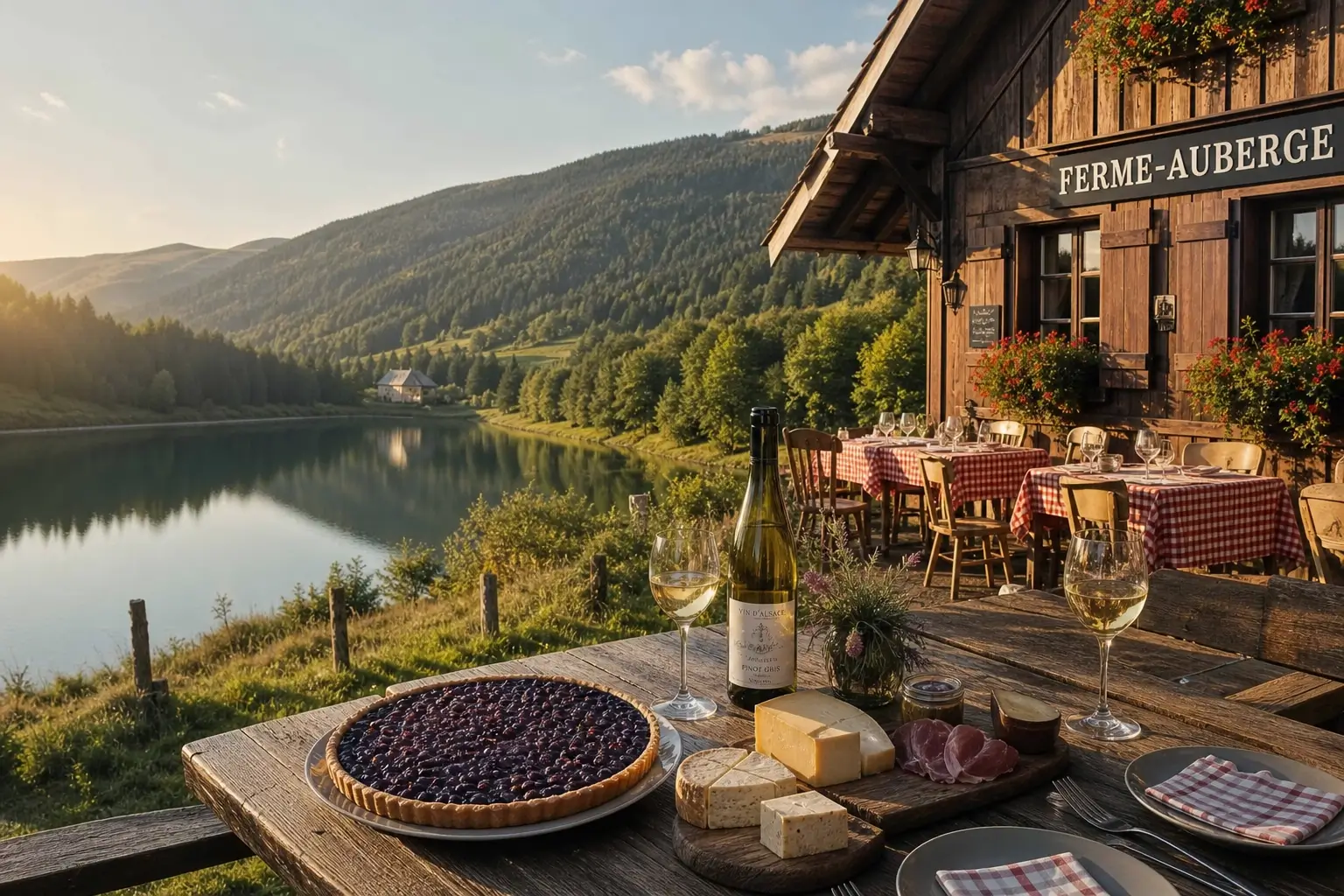 Ferme-auberge traditionnelle dans les Vosges au bord d’un lac avec table de spécialités locales au coucher du soleil