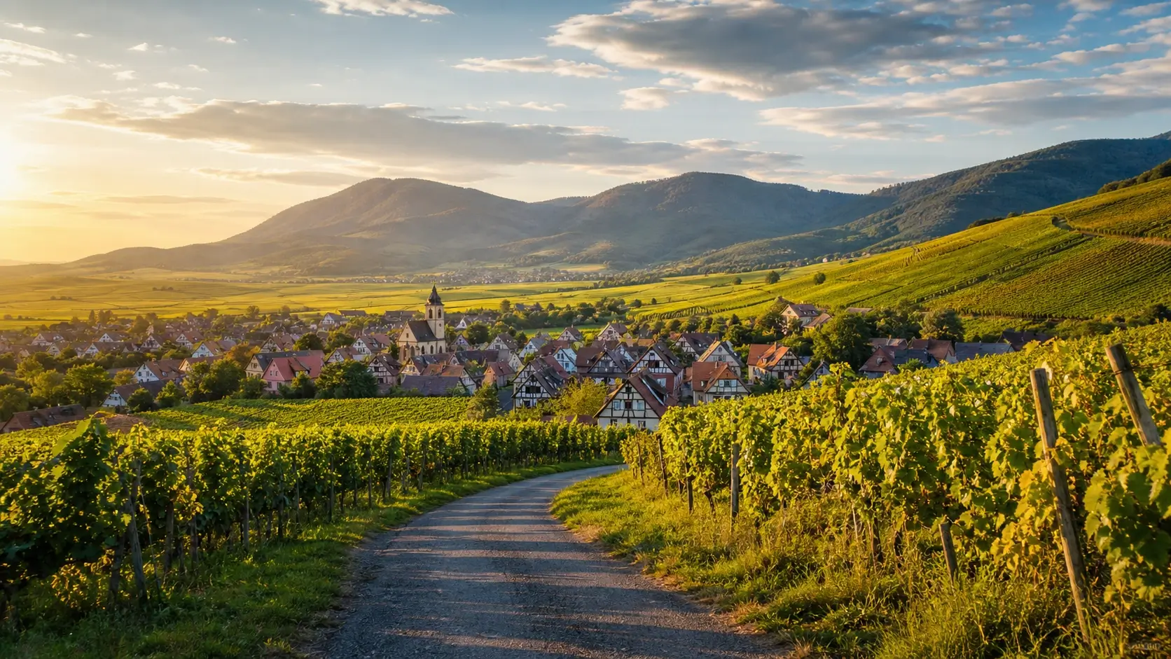 Route traversant les vignobles d’Alsace avec village à colombages en arrière-plan
