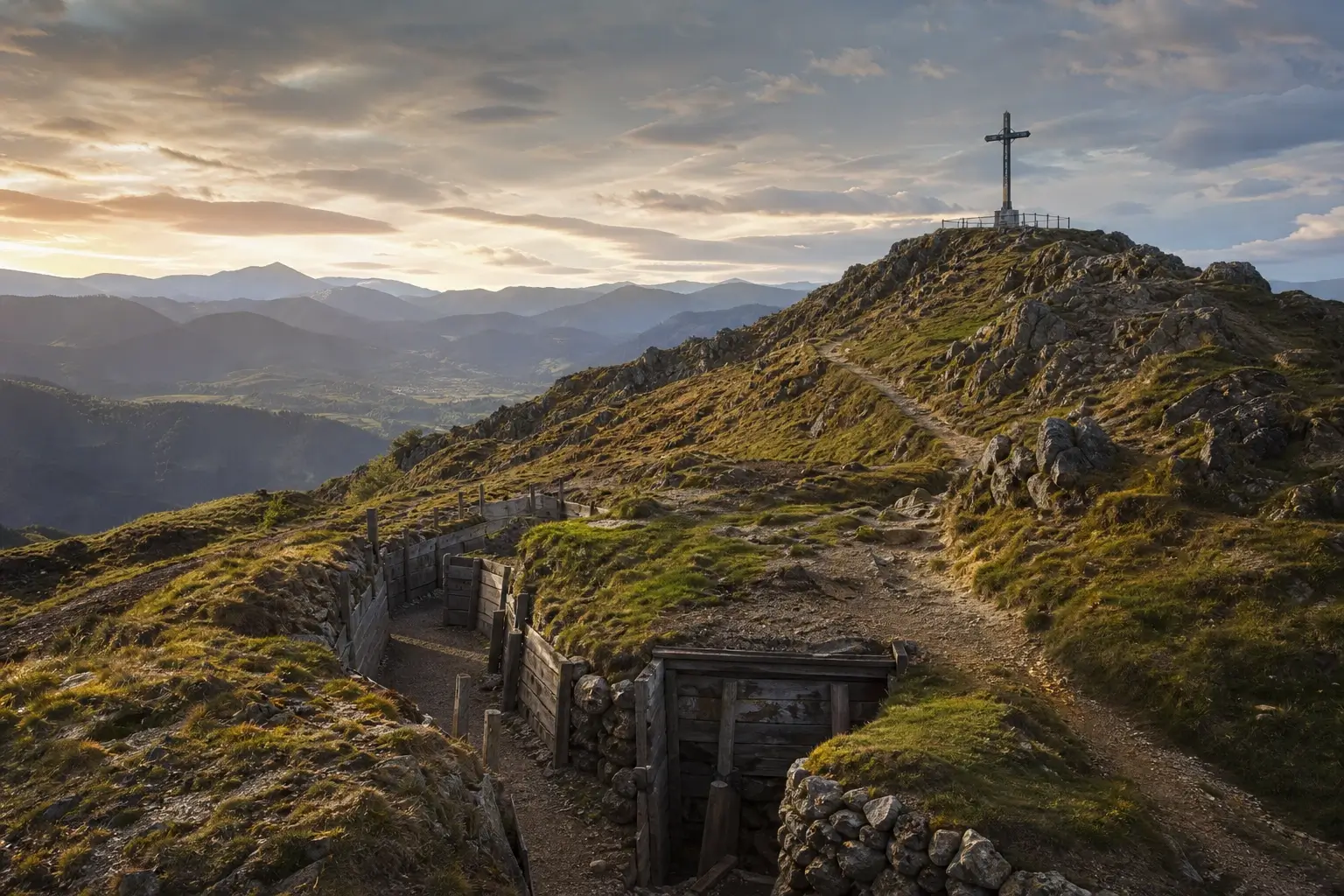 Vue du Hartmannswillerkopf avec ses tranchées de la Première Guerre mondiale et la croix sommitale dominant la plaine d’Alsace