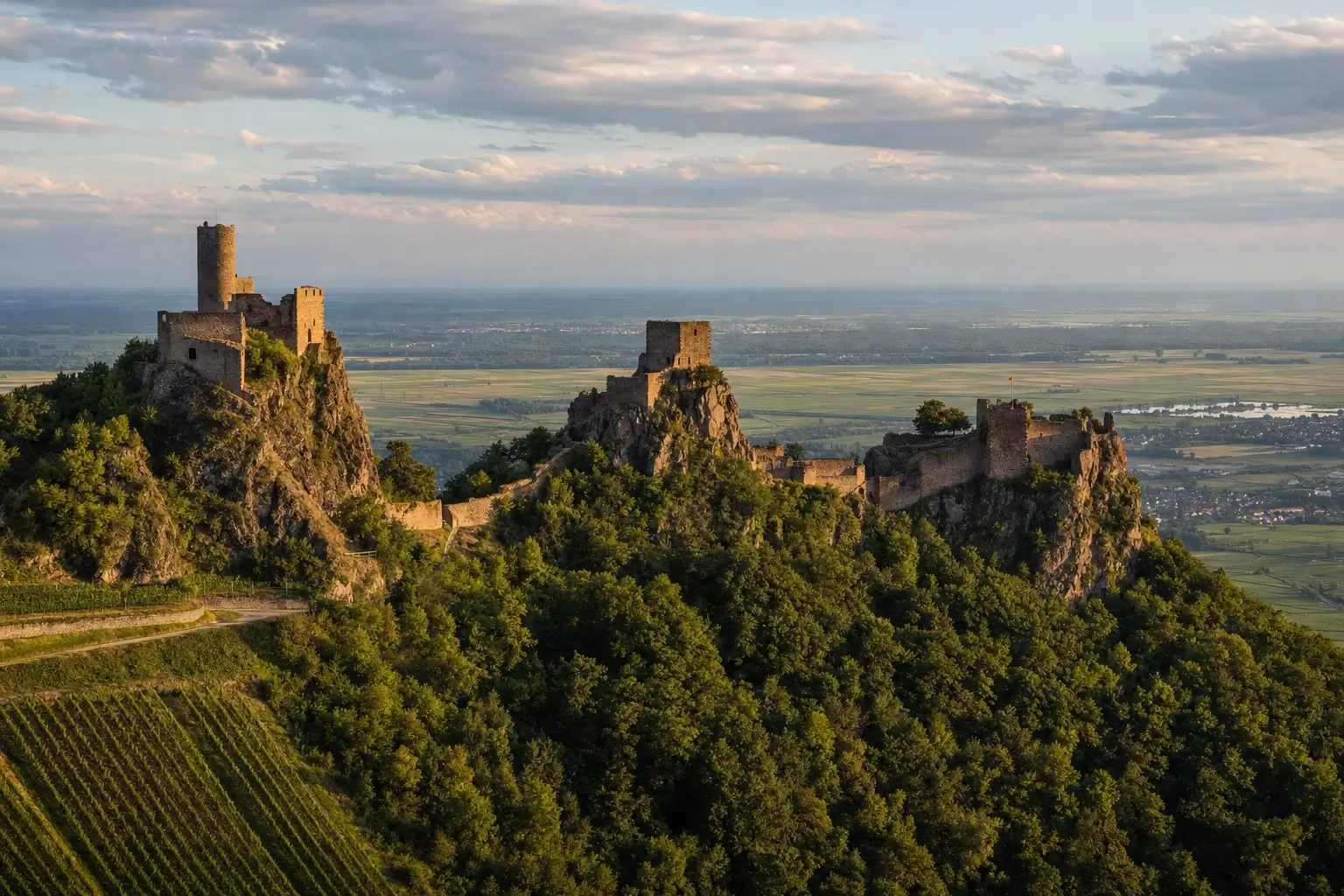 Vue panoramique des trois châteaux de Ribeauvillé dominant les vignobles alsaciens