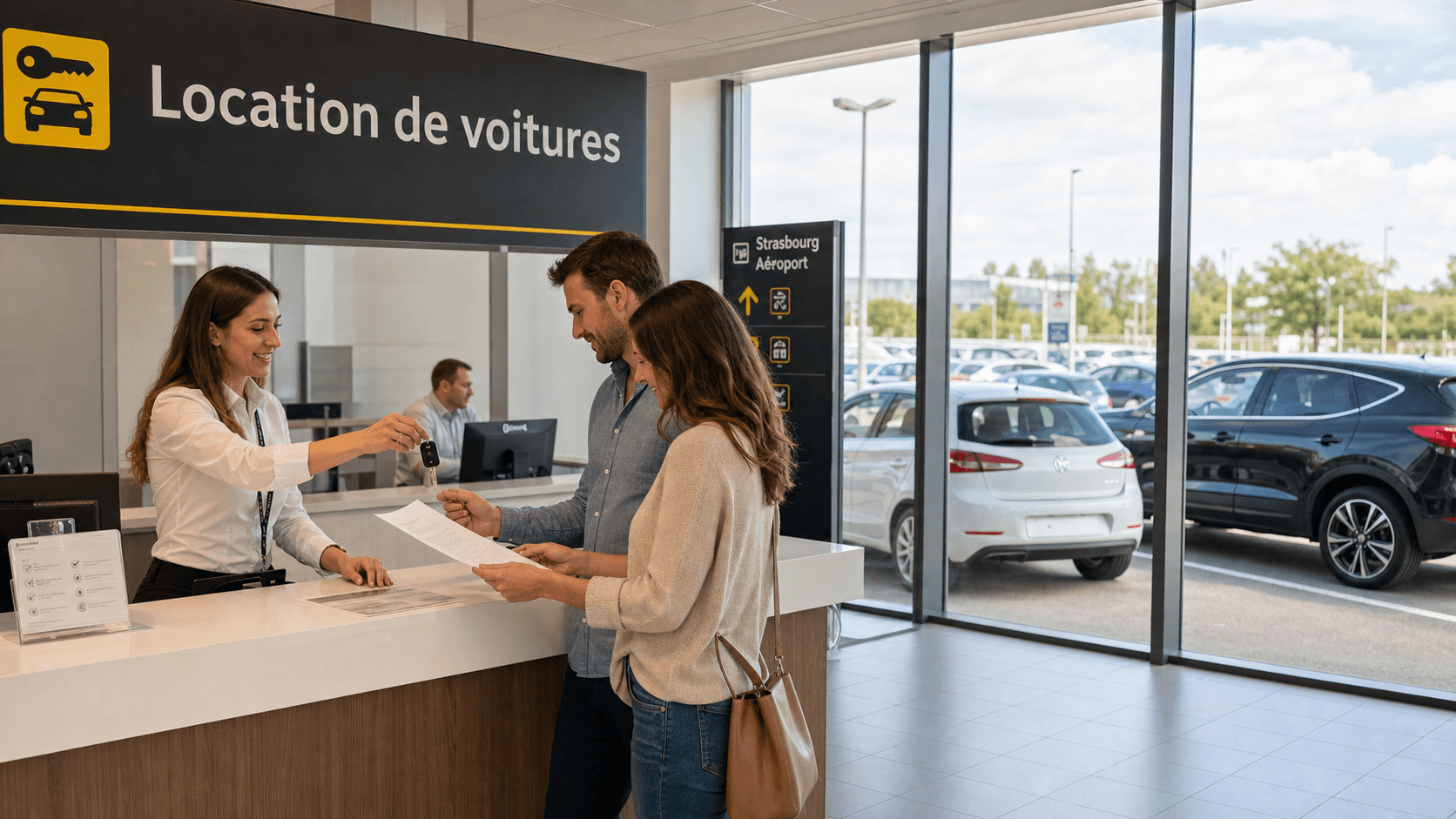 Agence de location de voiture à l’aéroport de Strasbourg avec voyageurs récupérant leur véhicule en Alsace
