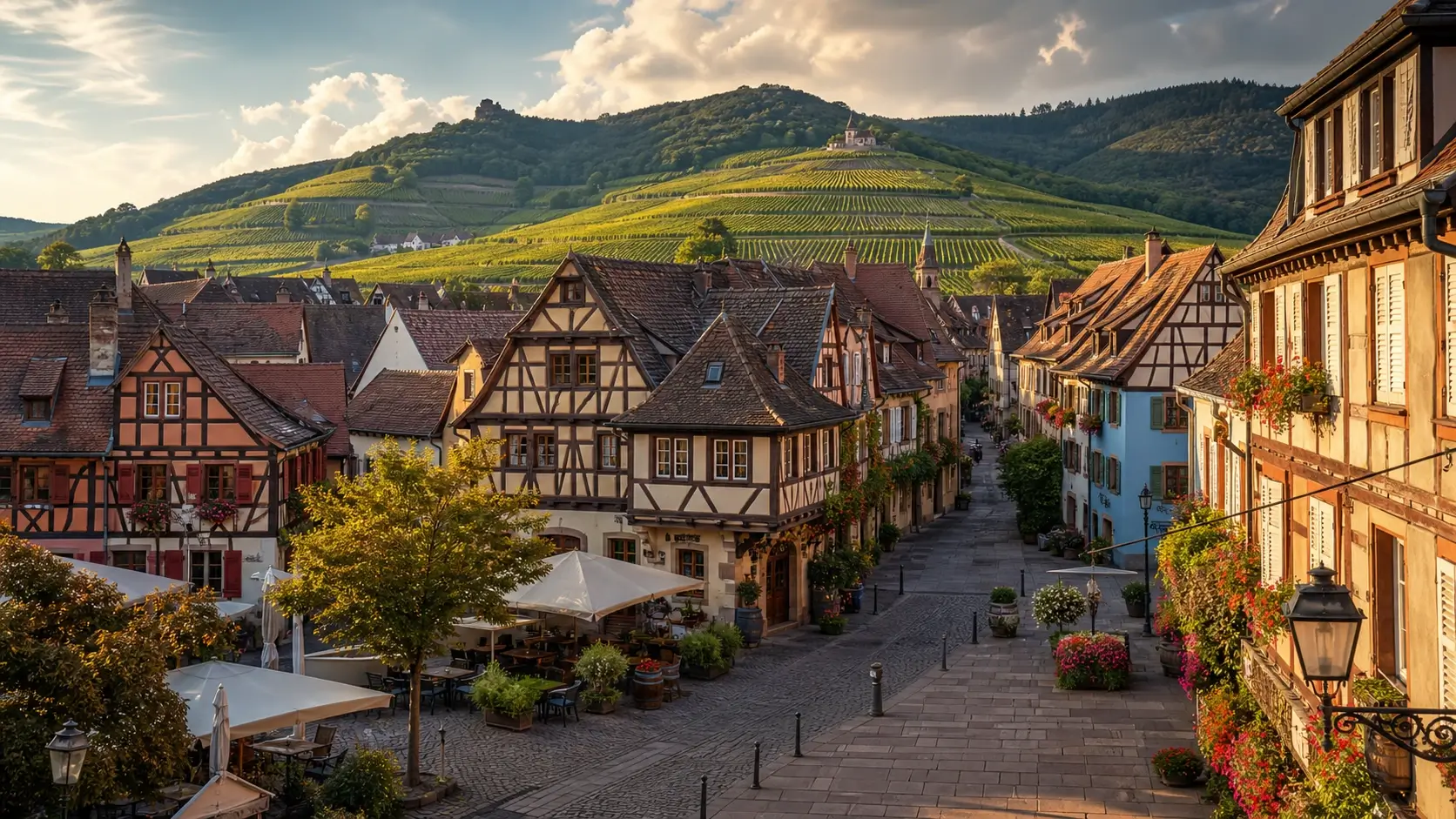 Vue du centre de Barr avec ses maisons à colombages et les vignes du Kirchberg en arrière-plan