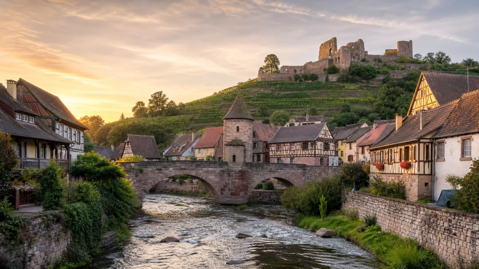 Vue du village de Kaysersberg avec ses maisons à colombages, le pont fortifié et le château en hauteur au lever du soleil