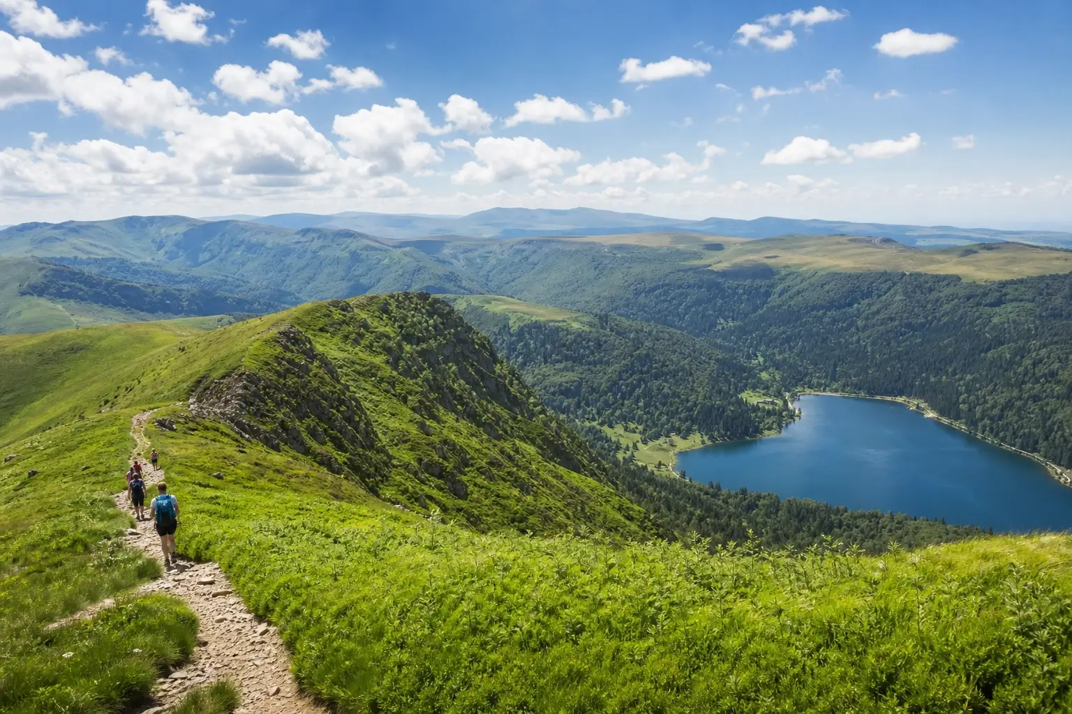 Vue panoramique des Vosges avec crêtes verdoyantes, sentier de randonnée et lac en contrebas
