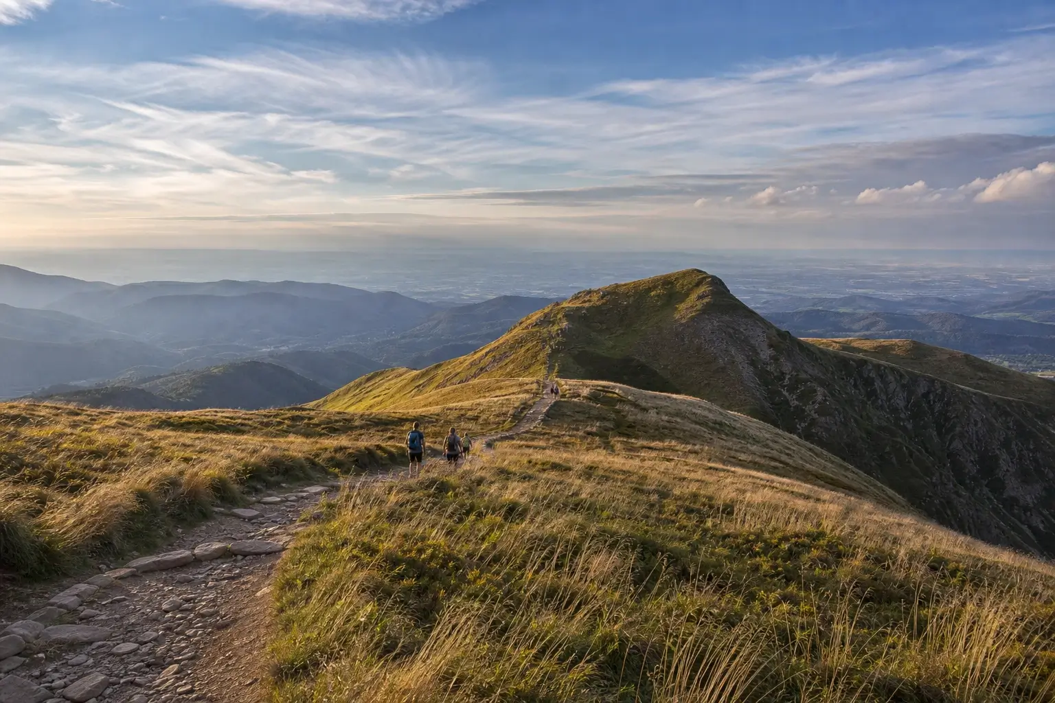 Panorama depuis le sommet du Hohneck avec chaumes, sentier de randonnée et vue sur la plaine d’Alsace
