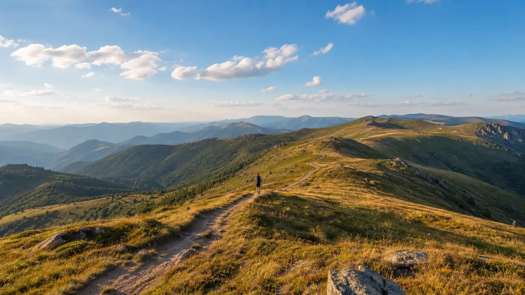 Sentier de randonnée sur les crêtes des Vosges avec vue panoramique sur les montagnes d’Alsace