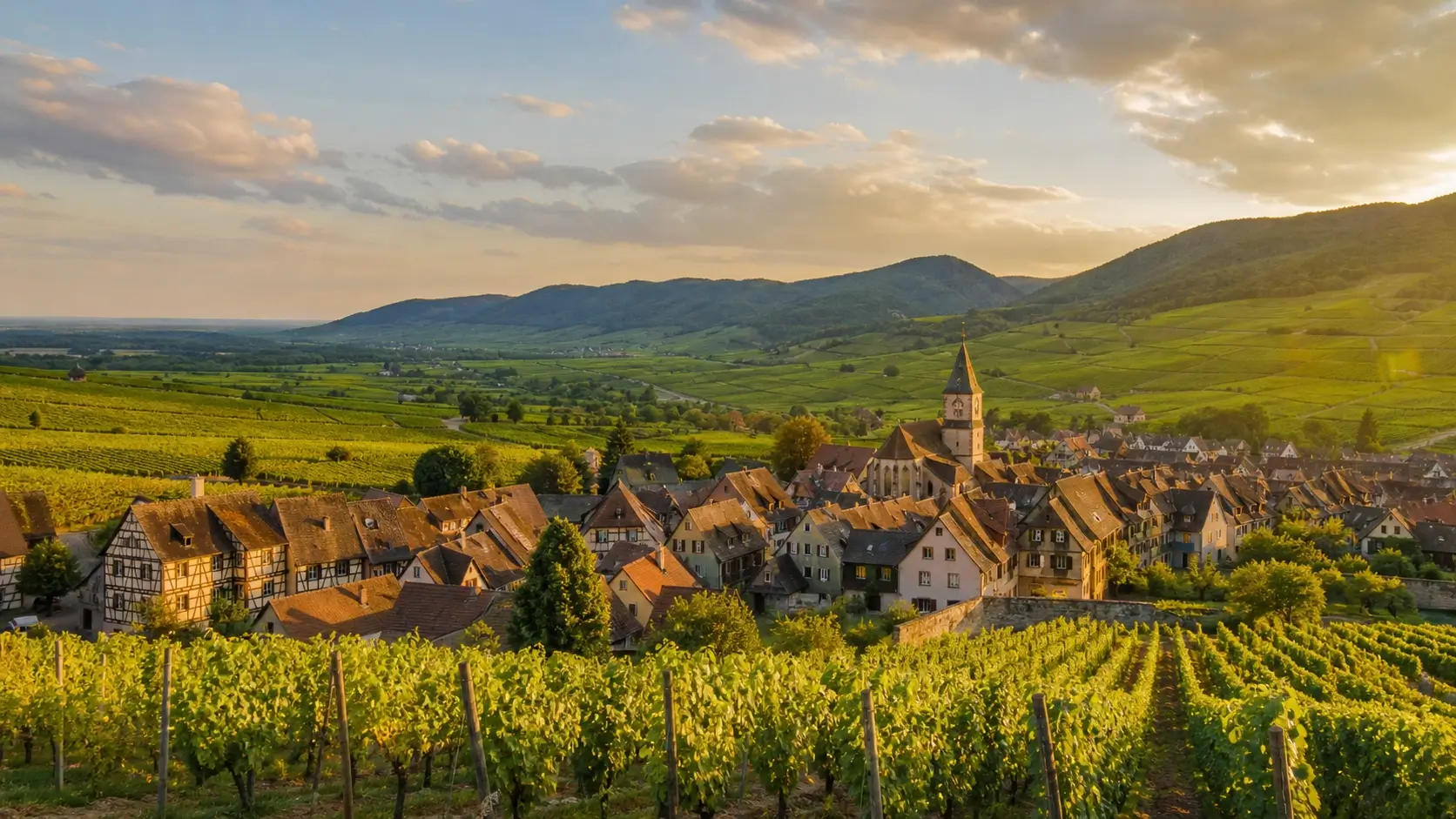 Paysage de la Route des Vins d’Alsace avec vignobles et village typique à colombages