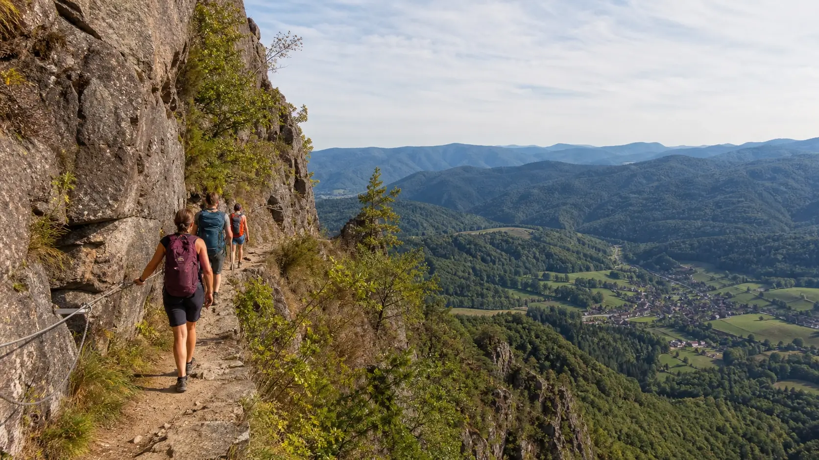 Sentier des Roches dans les Vosges avec passage étroit en falaise et vue sur la vallée de Munster