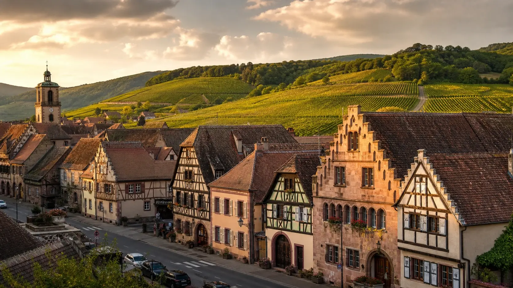 Vue du village de Mittelbergheim avec ses maisons à colombages et les vignobles du Zotzenberg en arrière-plan