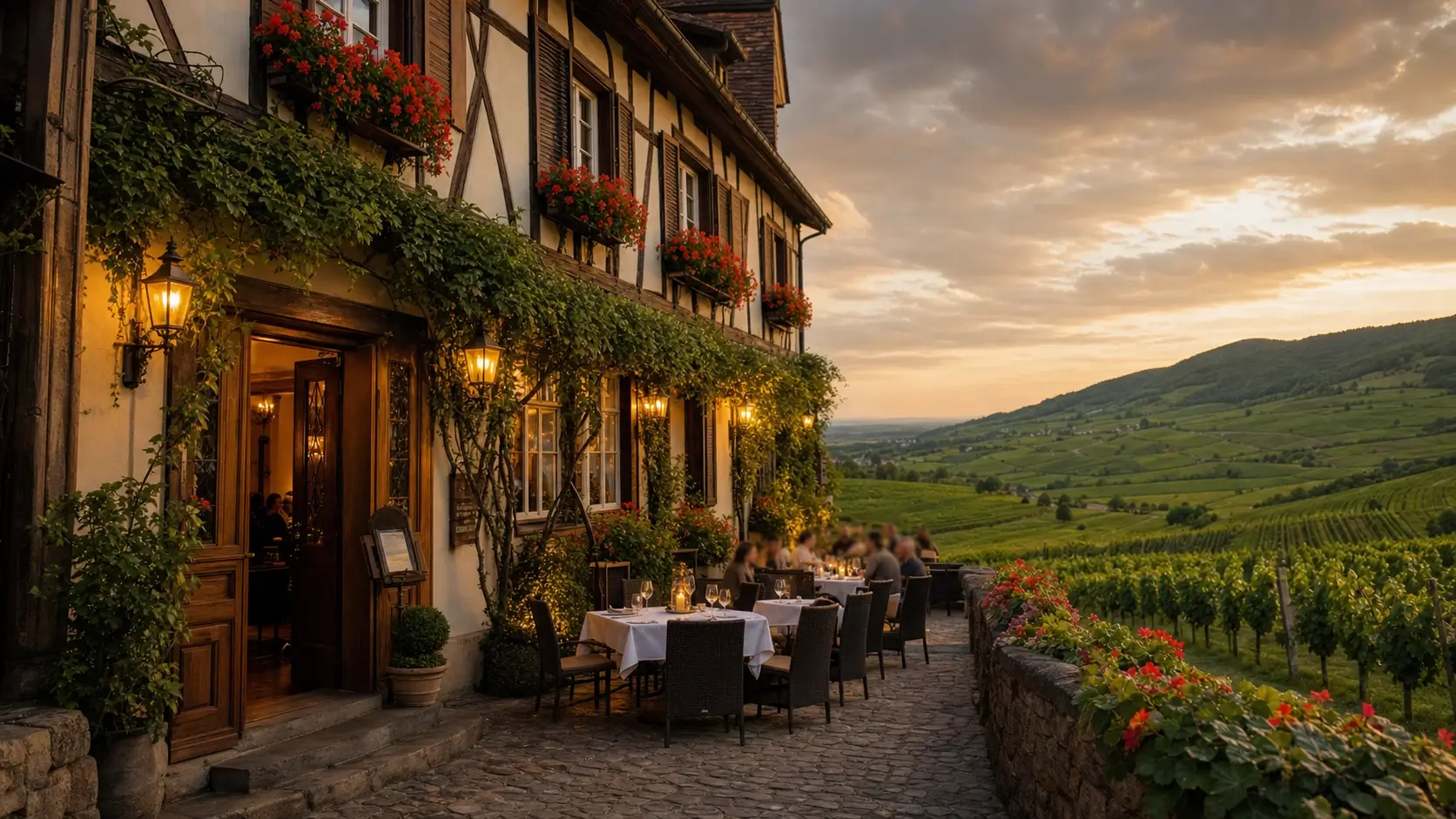 Hotel de charme sur la route des vins, vue de la terrasse extérieure un soir d'été