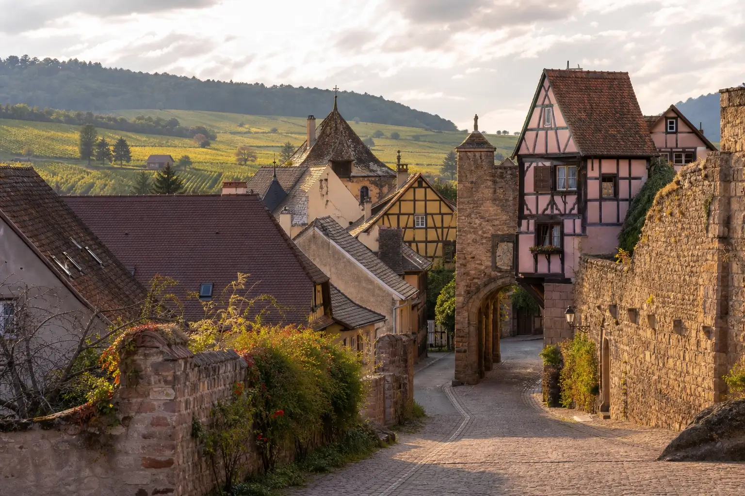 Vue de Bergheim en Alsace avec ses remparts, la Porte Haute, des maisons à colombages et les vignes de la Route des Vins en arrière-plan.