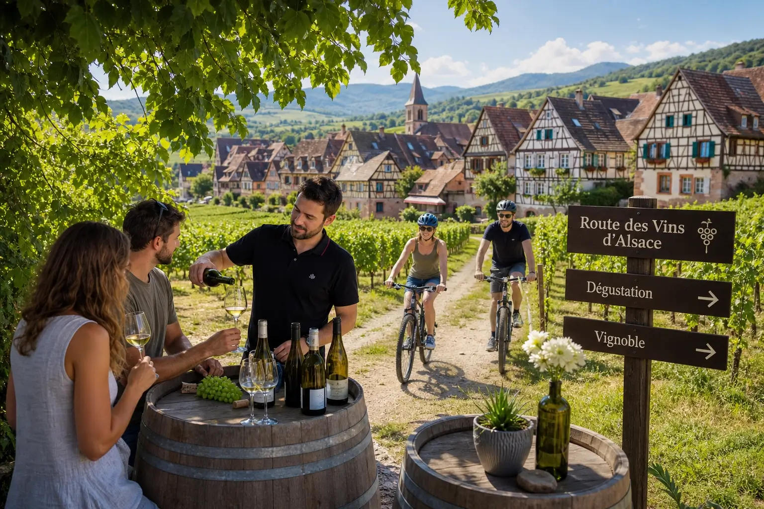 Touristes dégustant du vin et faisant du vélo au cœur des vignobles sur la Route des Vins d’Alsace
