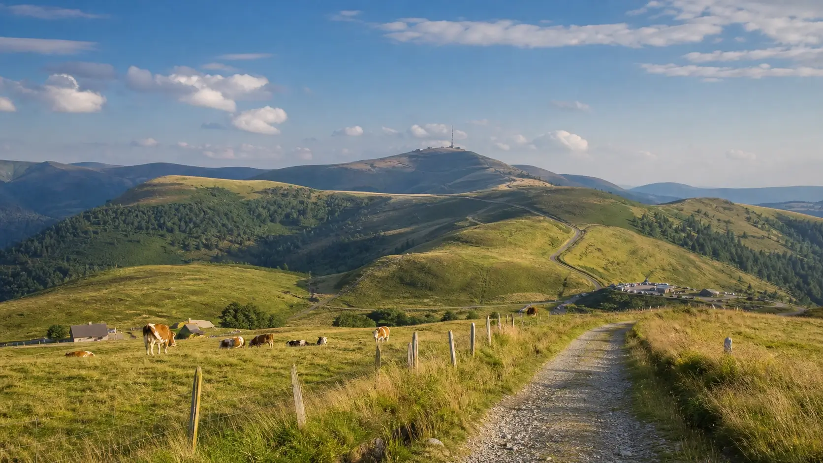 Paysage du Markstein dans les Vosges avec prairies d’altitude, sentier de randonnée et vue sur le Grand Ballon