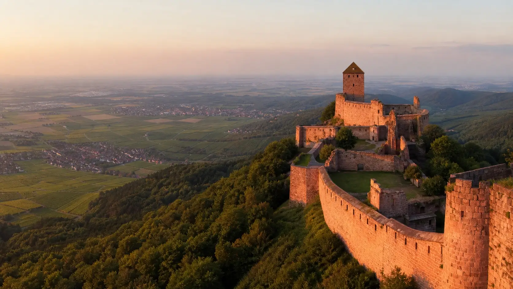 Vue panoramique du château du Hohlandsbourg dominant la plaine d’Alsace avec les Vosges en arrière-plan