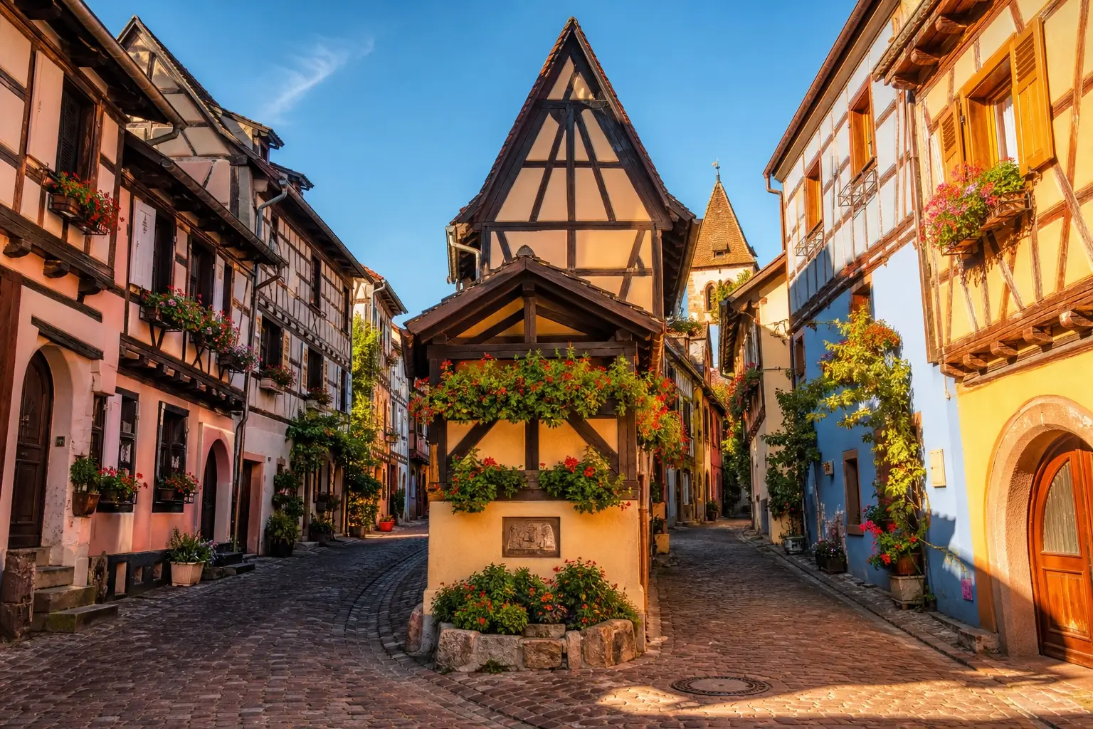 Ruelles circulaires d’Eguisheim avec maisons à colombages colorées et fleurs en été