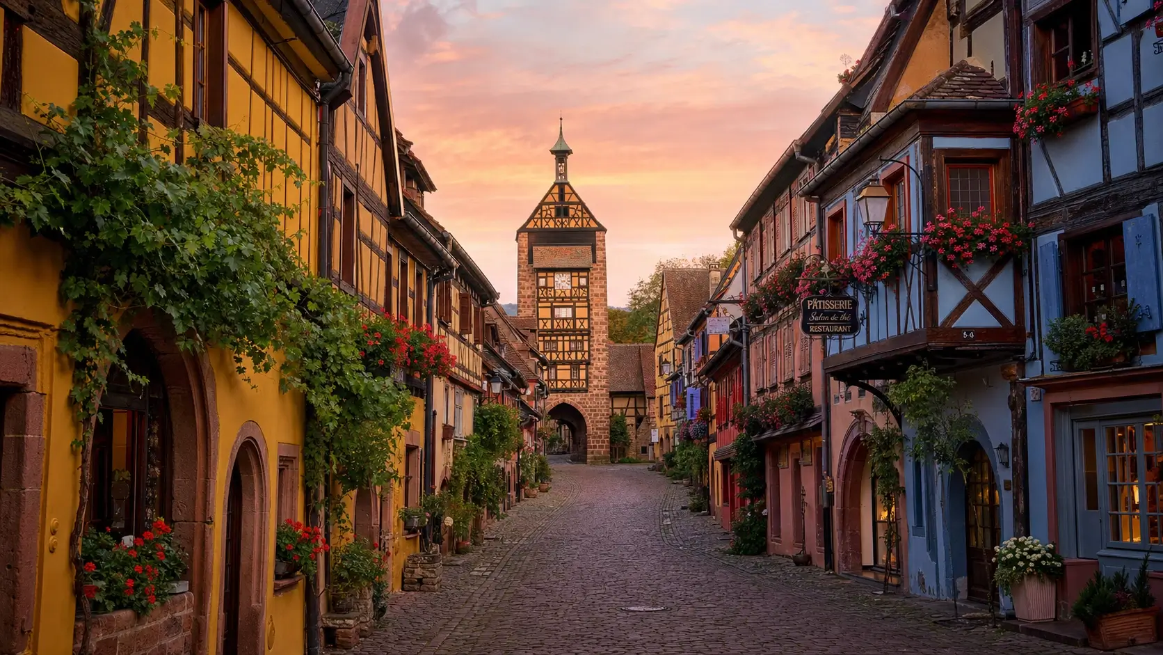 Rue pavée de Riquewihr avec maisons à colombages colorées et vue sur la tour du Dolder en Alsace