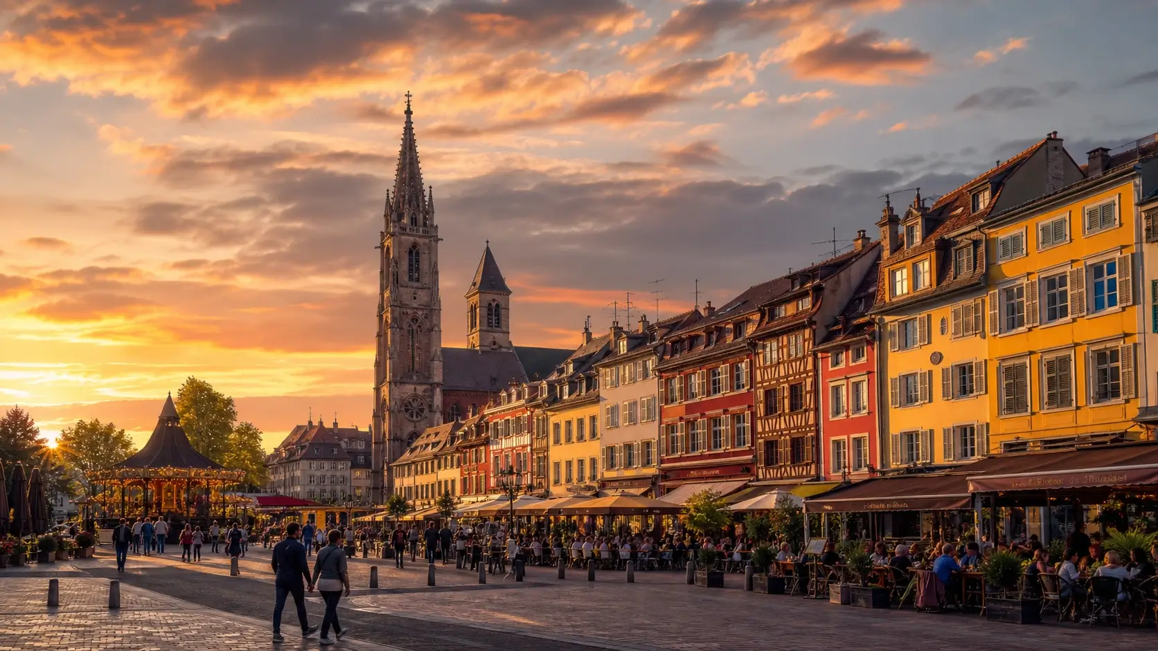 Vue de la Place de la Réunion à Mulhouse avec ses bâtiments colorés et le temple Saint-Étienne au coucher du soleil
