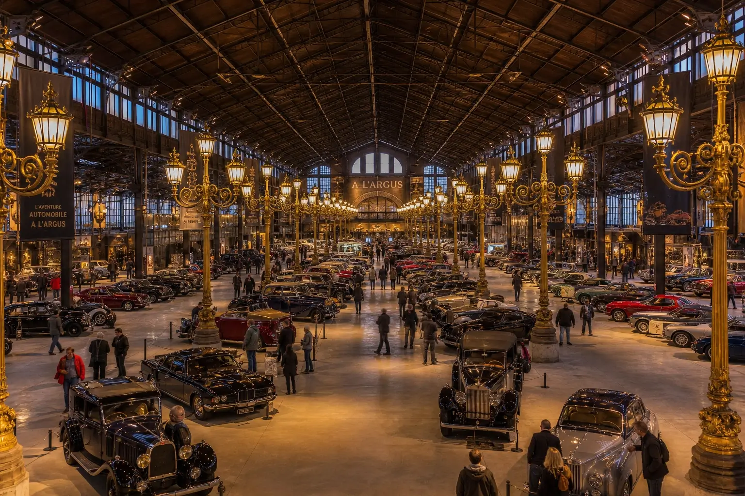 Vue intérieure de la Cité de l’Automobile à Mulhouse avec des centaines de voitures de collection alignées sous des lampadaires dans une grande halle
