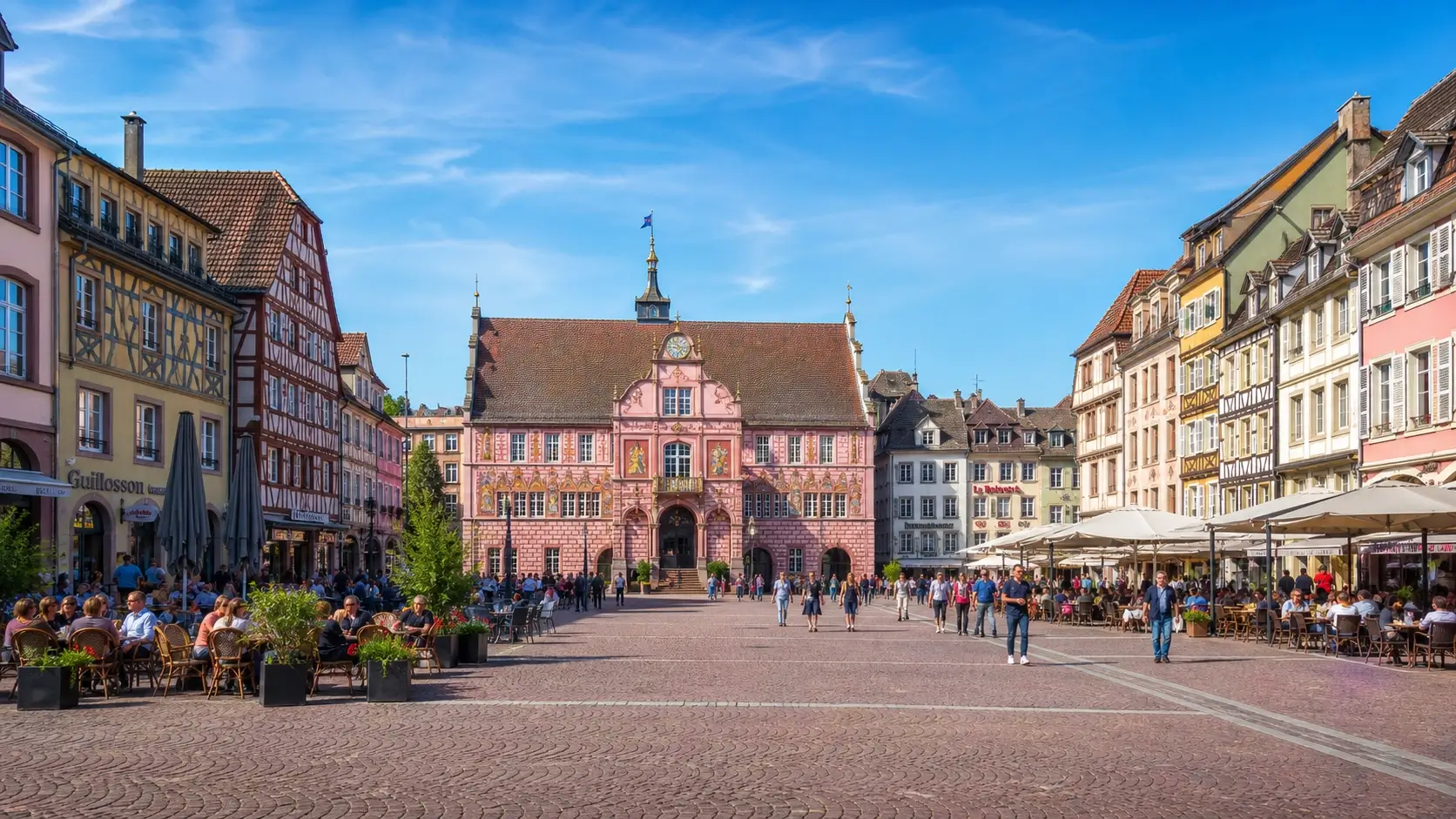 Vue de la place de la Réunion à Mulhouse avec l’Hôtel de Ville rose et les façades colorées du centre historique

