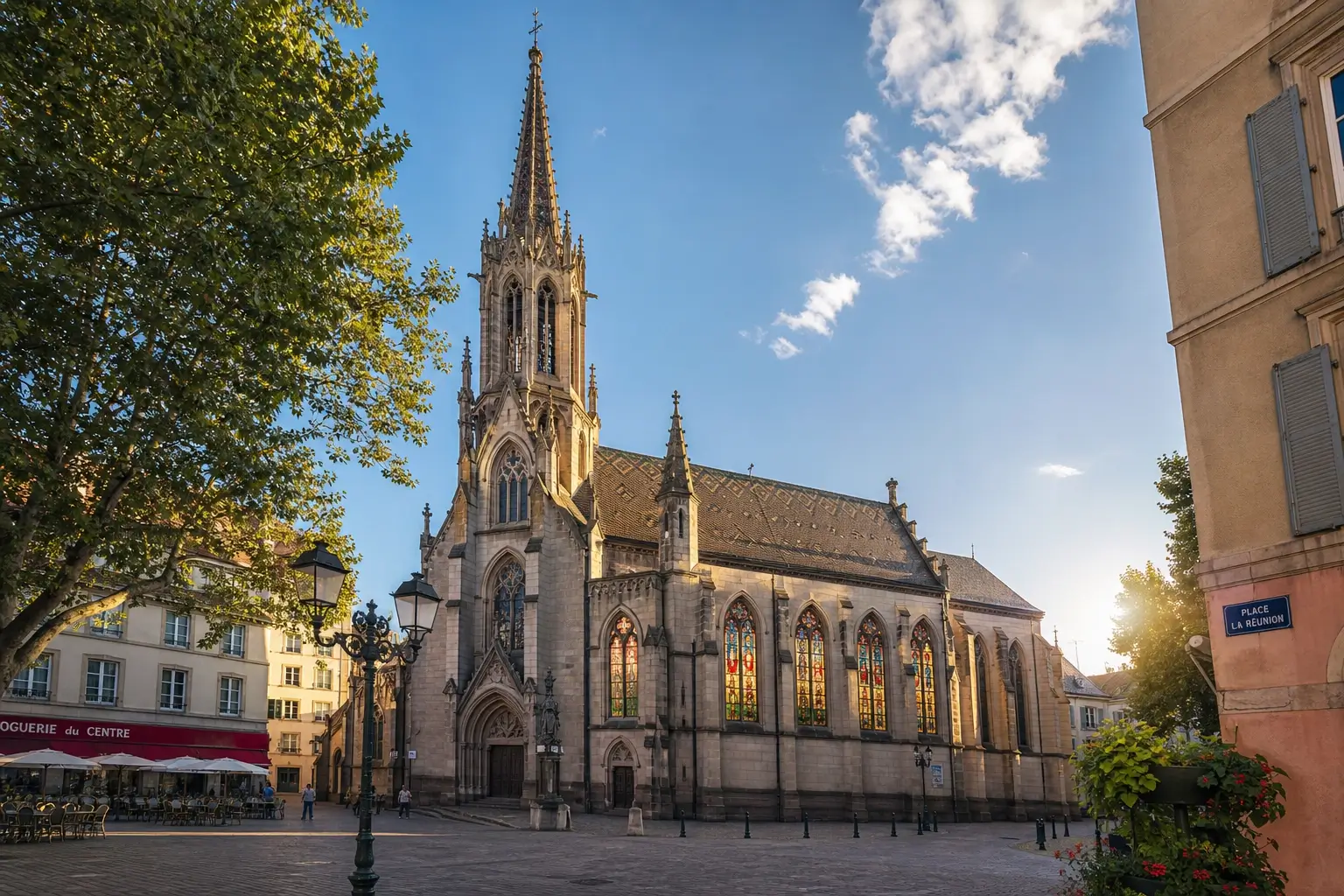 Vue du temple Saint-Étienne de Mulhouse avec sa flèche néogothique dominant la place de la Réunion
