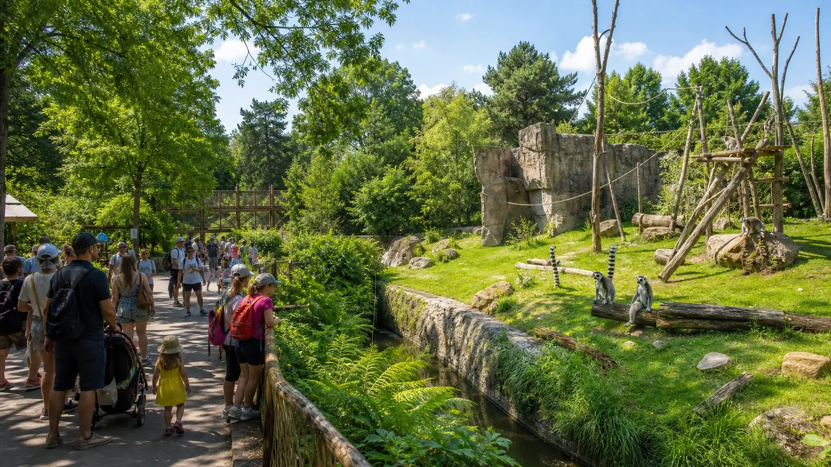 Allée du zoo de Mulhouse avec végétation dense et visiteurs observant les animaux dans un environnement naturel
