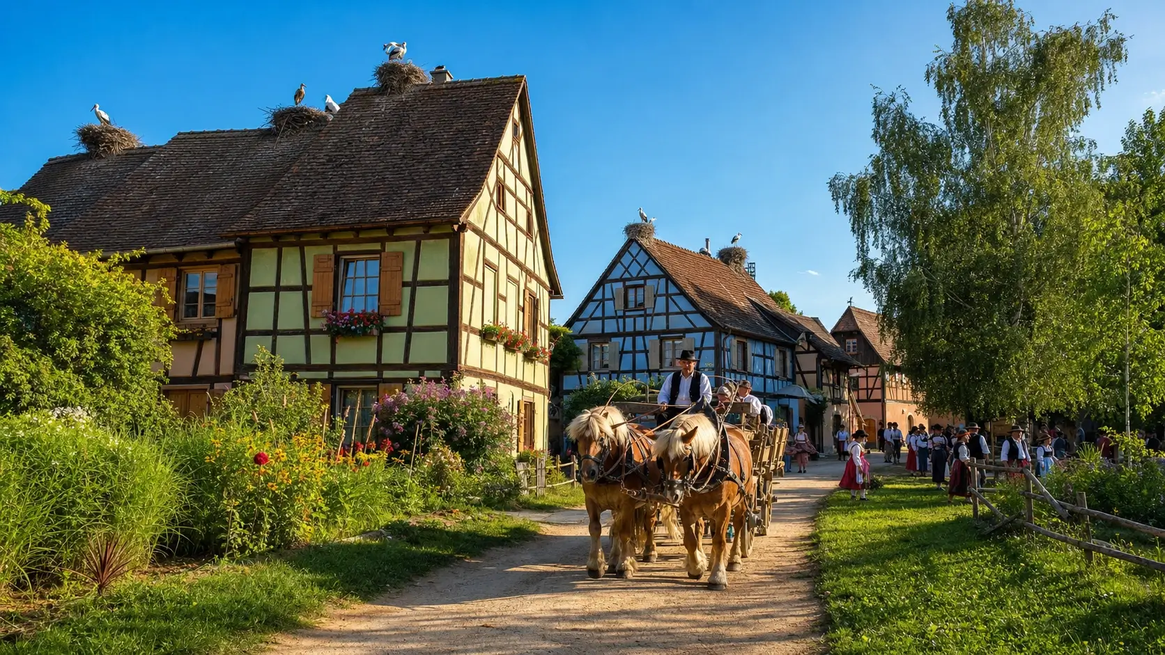Maisons à colombages et animation traditionnelle à l’Écomusée d’Alsace avec cigognes et chevaux
