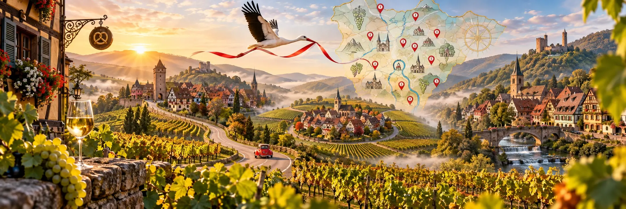 Illustration des villages d’Alsace : maisons à colombages colorées au cœur des vignes, sous les Vosges.